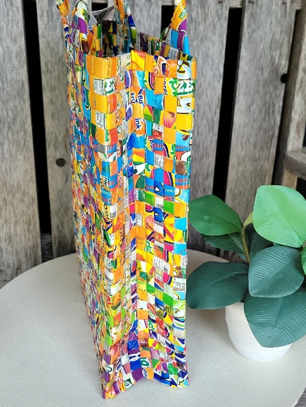 Multicolor Basket Weave Hobo Bag Made Out Of Misprinted Juice Boxes- Biyaya